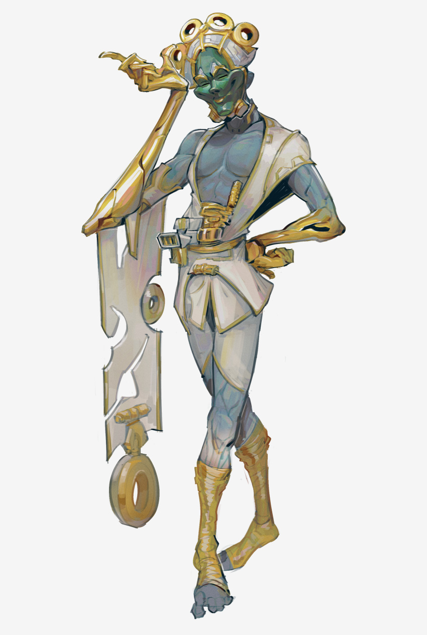1boy absurdres arms_at_sides blue_skin bombastine_(warframe) colored_skin expressionless gold highres humanoid light_smile looking_at_viewer male_focus open_clothes simple_background smile solo standing warframe