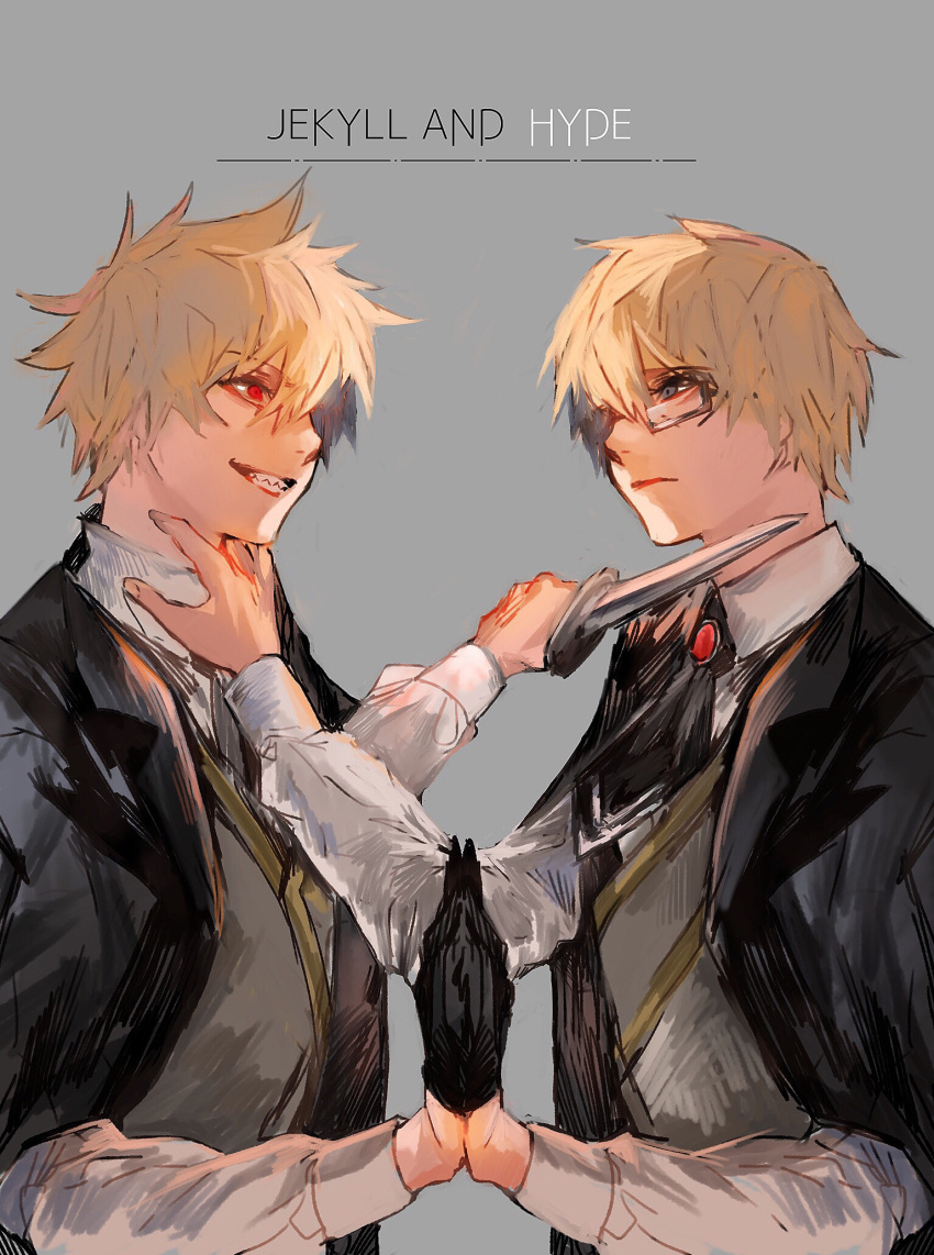 2boys ascot at_knifepoint black_ascot black_gloves black_jacket blade_to_throat blonde_hair brooch character_name closed_mouth collared_shirt dual_persona expressionless eye_contact fate/grand_order fate_(series) glasses gloves grey_background grey_eyes grey_vest grin hair_between_eyes half_gloves hand_on_another's_neck highres holding holding_knife irorigumi jacket jacket_on_shoulders jekyll_and_hyde_(fate) jewelry knife looking_at_another male_focus multiple_boys palms_together red_eyes shirt short_hair simple_background single_glove smile spiky_hair symmetry upper_body vest white_shirt