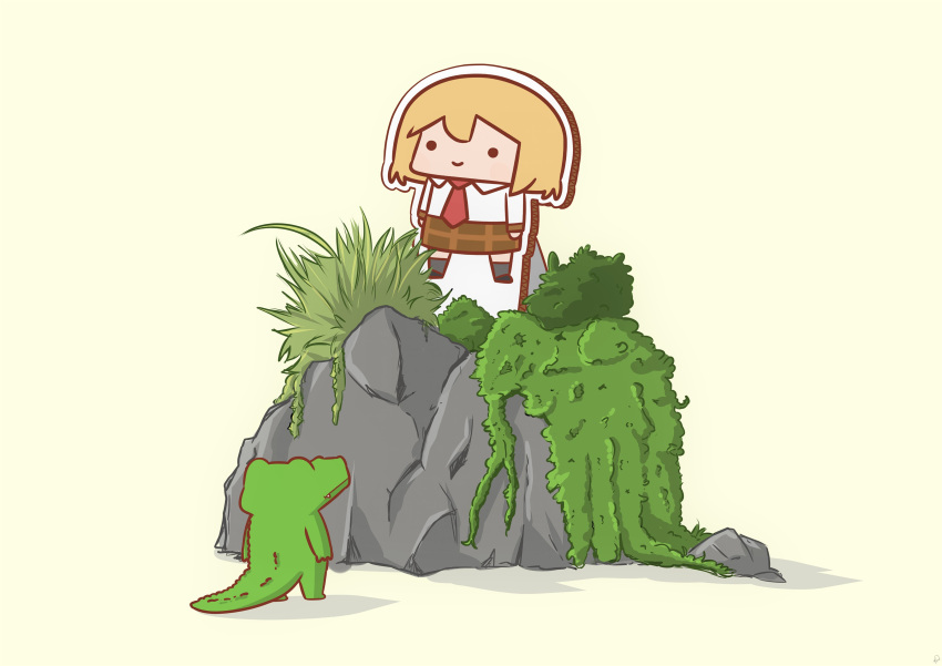 ._. absurdres blonde_hair brown_skirt cardboard_cutout commentary crocodile crocodilian from_behind grape-kun highres hololive hololive_english investigator_(amelia_watson) long_sleeves looking_up moss necktie no_humans phdpigeon plant pleated_skirt red_necktie rock scene_reference shirt skirt smile smol_ame standing watson_amelia white_shirt yellow_background