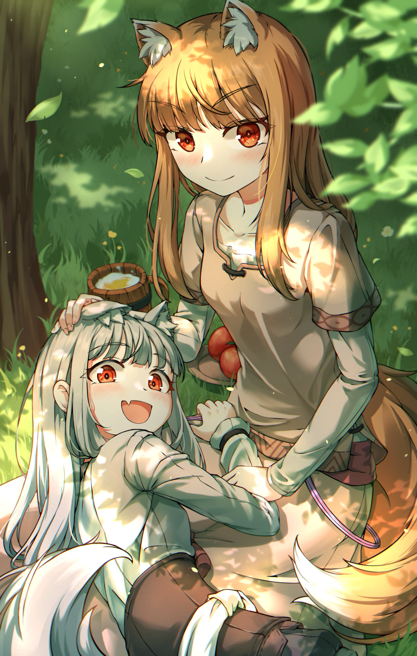 2girls absurdres animal_ears fang forest highres holo lap_pillow looking_at_viewer multiple_girls myuri_(spice_and_wolf) outdoors smile spice_and_wolf ssalyun tail