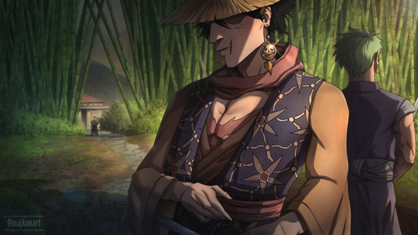 3boys artist_name back-to-back black_hair closed_mouth earrings faceless green_hair hat hat_over_eyes highres japanese_clothes jewelry majkan monkey_d._luffy multiple_boys one_piece outdoors roronoa_zoro scar scar_on_chest scar_on_face short_hair single_earring straw_hat traditional_clothes