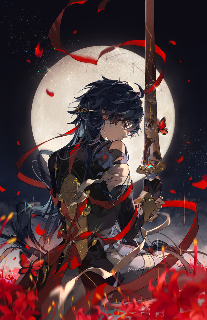 1boy bandages black_gloves blade_(honkai:_star_rail) bug butterfly closed_mouth fingerless_gloves flower full_moon gloves highres holding holding_sword holding_weapon honkai:_star_rail honkai_(series) long_hair long_sleeves male_focus moon night red_flower red_ribbon ribbon signature sword weapon yeurei