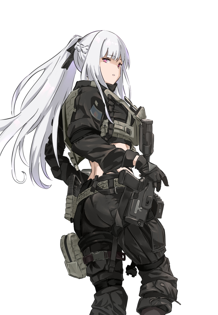 1girl ak-12_(girls'_frontline) alternate_costume black_pants braid expressionless feet_out_of_frame french_braid girls_frontline grey_hair gun handgun highres long_hair looking_at_viewer looking_back midriff military mutugorou_u pants parted_lips simple_background solo standing tactical_clothes unusually_open_eyes violet_eyes weapon white_background