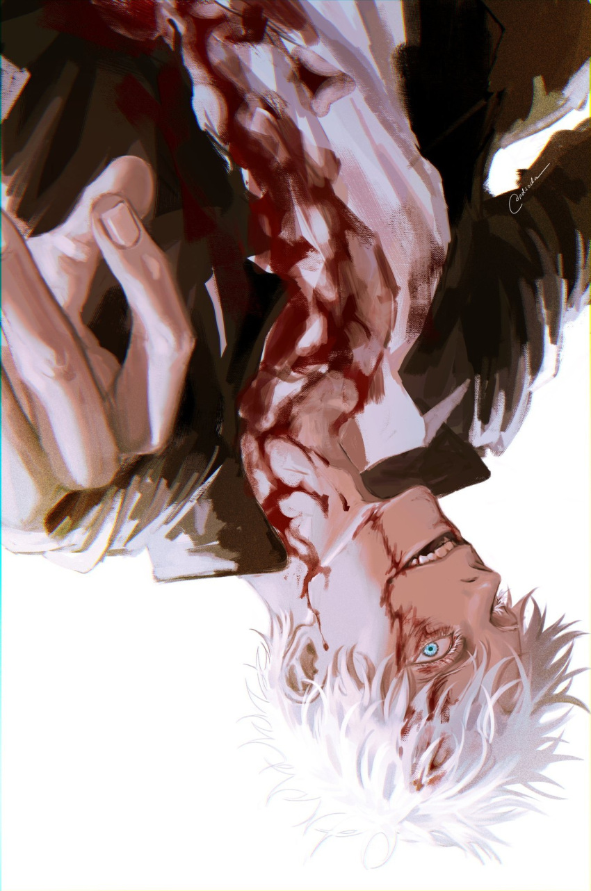 1boy black_jacket blood blood_on_clothes blood_on_face blue_eyes collared_shirt gojou_satoru hand_up highres jacket jujutsu_kaisen long_sleeves looking_at_viewer male_focus ndsoda open_mouth shirt short_hair simple_background smile solo teeth upper_body upside-down white_background white_hair white_shirt