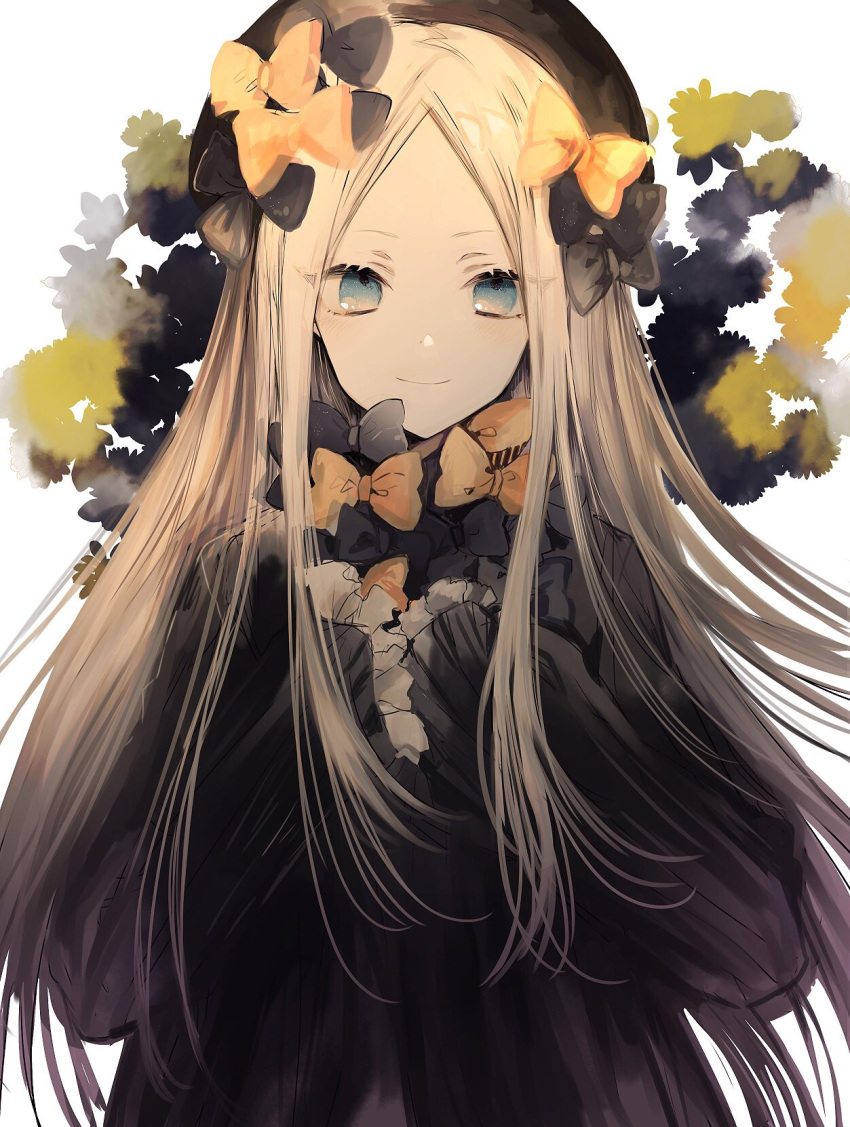 1girl abigail_williams_(fate) bad_id bad_pixiv_id black_bow black_dress black_headwear blonde_hair blue_eyes bow cacao_(chocotto) closed_mouth dress fate/grand_order fate_(series) fedora forehead frilled_sleeves frills hair_bow hands_on_own_chest hands_up hat highres light_blush long_hair looking_at_viewer multiple_hair_bows orange_bow parted_bangs sleeves_past_fingers sleeves_past_wrists smile solo upper_body white_background