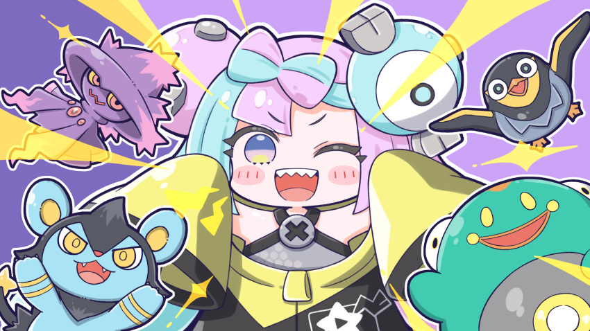 1girl ;d bare_shoulders bellibolt blue_hair blush_stickers bow-shaped_hair character_hair_ornament commentary_request hair_ornament hands_up hexagon_print highres iono_(pokemon) jacket long_hair looking_at_viewer luxio magnemite mismagius multicolored_hair nejikirio one_eye_closed open_mouth oversized_clothes pink_eyes pink_hair pokemon pokemon_(creature) pokemon_(game) pokemon_sv sharp_teeth shirt sleeveless sleeveless_shirt sleeves_past_fingers sleeves_past_wrists smile split-color_hair standing teeth two-tone_hair upper_teeth_only very_long_sleeves wattrel yellow_jacket