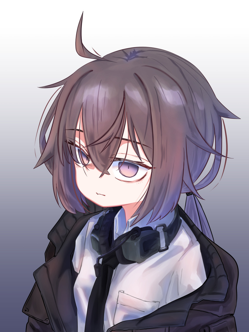 ahoge black_jacket black_necktie brown_hair closed_mouth collared_shirt commentary_request girls_frontline gradient_background grey_background headphones headphones_around_neck hexaa highres jacket long_hair m200_(girls'_frontline) necktie off_shoulder open_clothes open_jacket shirt violet_eyes white_background white_shirt
