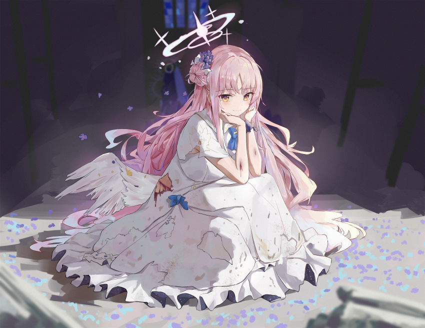 1girl absurdres blue_archive blush capelet dress feathered_wings hair_bun halo hands_on_own_cheeks hands_on_own_face head_rest highres injury jsscj looking_at_viewer mika_(blue_archive) pink_hair scrunchie single_side_bun smile solo squatting torn_clothes torn_dress white_capelet white_dress white_wings wings wrist_scrunchie