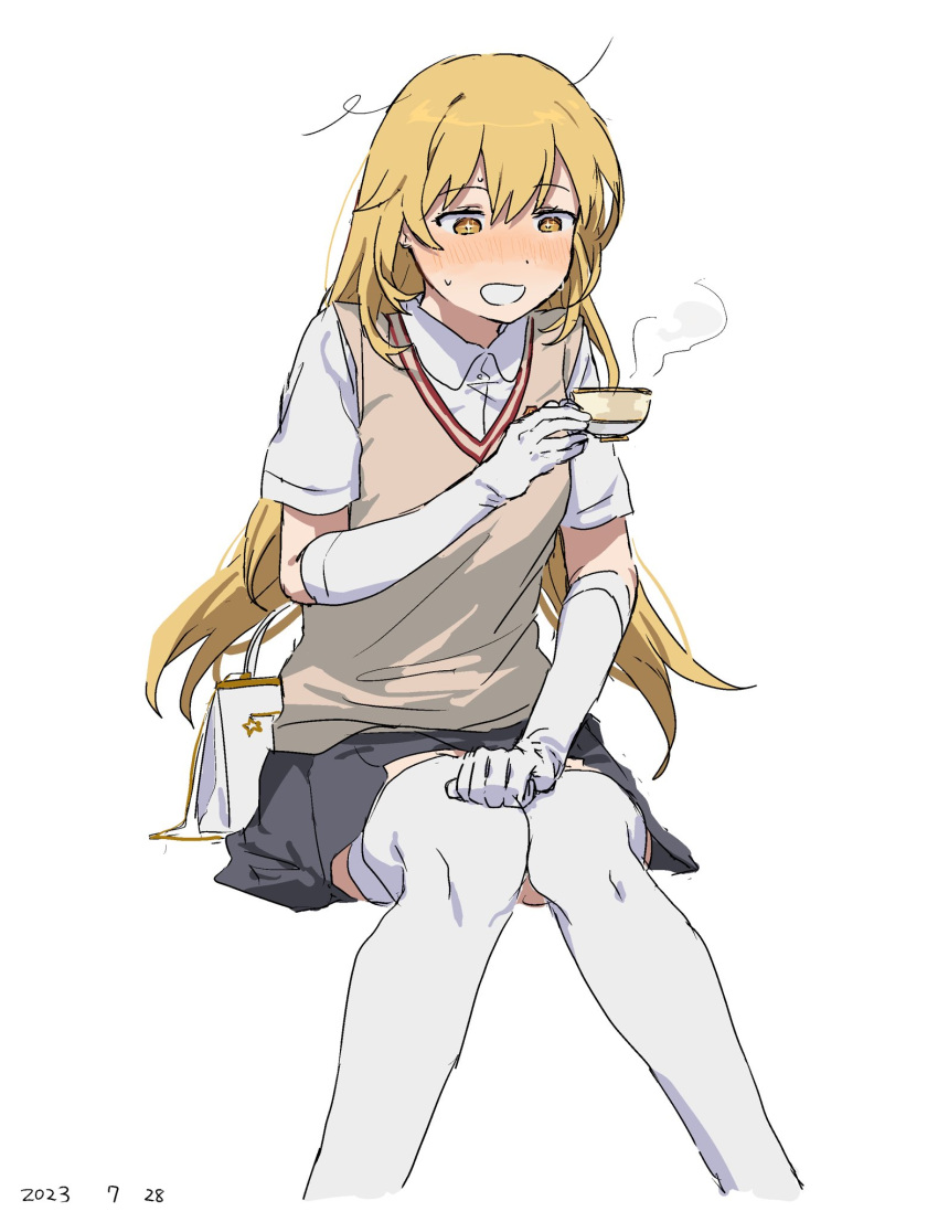 +_+ 1girl bag blonde_hair blush breasts brown_sweater_vest collared_shirt cowlick cropped_legs cup dated embarrassed gloves grey_skirt hand_on_own_leg handbag highres holding holding_cup legs_together long_hair looking_at_object open_mouth pleated_skirt scene_reference school_uniform shirt shokuhou_misaki sitting skirt small_breasts solo steam sweat sweater_vest swept_bangs takatisakana teacup thigh-highs toaru_kagaku_no_mental_out toaru_majutsu_no_index tokiwadai_school_uniform white_background white_gloves white_shirt white_thighhighs yellow_eyes