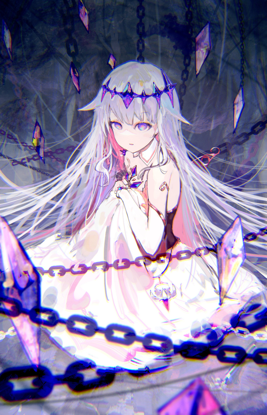1girl absurdres bare_shoulders bridal_gauntlets chain crown crystal dress highres hololive hololive_english jewelry koseki_bijou light_purple_hair long_hair looking_at_viewer sitting solo violet_eyes virtual_youtuber yto9