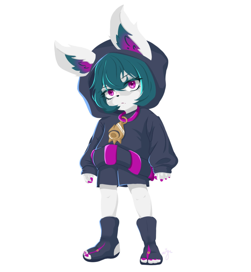 1girl animal_ear_fluff animal_ears black_hoodie black_shorts clenched_hands ears_through_headwear frown full_body green_hair hair_between_eyes highres hood hood_up hoodie jewelry league_of_legends looking_at_viewer nail_polish necklace nejyu pink_eyes pink_nails short_hair shorts simple_background solo standing toeless_footwear vex_(league_of_legends) white_background yordle