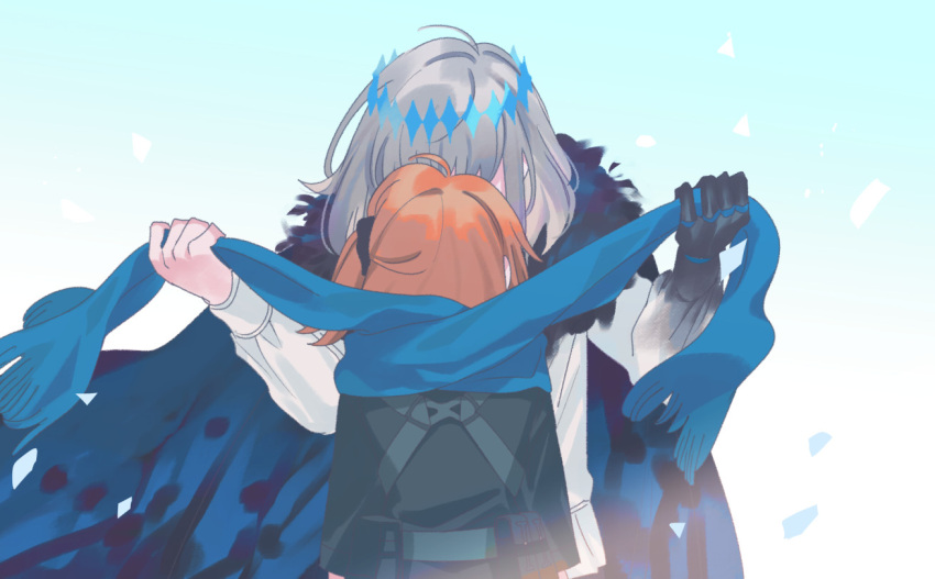 1boy 1girl blue_scarf coat commentary_request day fate/grand_order fate_(series) from_behind fujimaru_ritsuka_(female) fujimaru_ritsuka_(female)_(polar_chaldea_uniform) grey_hair holding holding_clothes holding_scarf kiss long_sleeves oberon_(fate) oberon_(third_ascension)_(fate) official_alternate_costume oneroom-disco orange_hair outdoors scarf shirt short_hair spoilers white_shirt