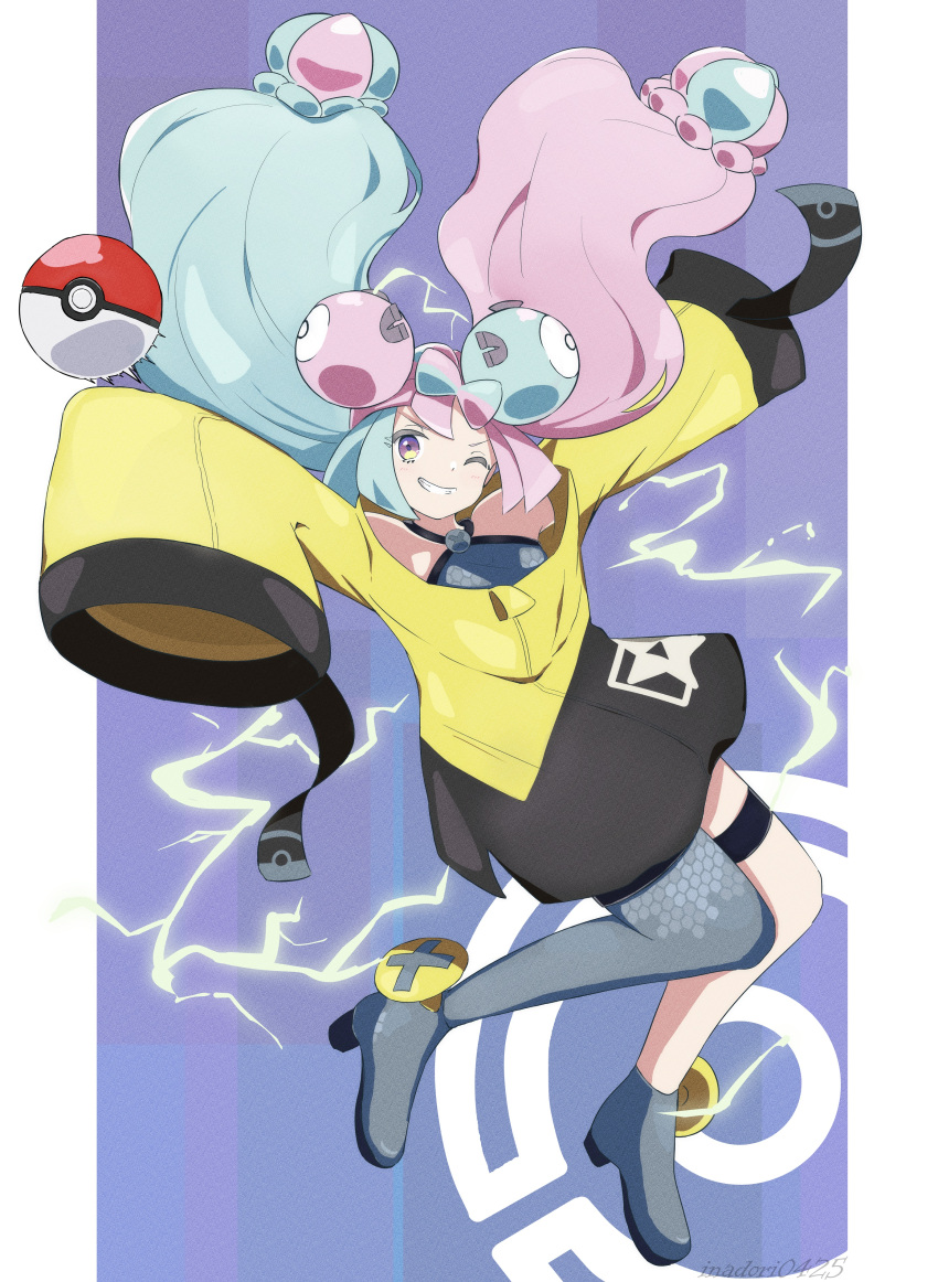 1girl absurdres boots bow-shaped_hair character_hair_ornament commentary_request electricity floating_hair full_body green_hair grey_footwear grin hair_ornament highres inadori iono_(pokemon) jacket looking_at_viewer multicolored_hair one_eye_closed pink_hair poke_ball poke_ball_(basic) pokemon pokemon_(game) pokemon_sv single_leg_pantyhose sleeves_past_fingers sleeves_past_wrists smile solo star_(symbol) star_print teeth thigh_strap twintails two-tone_hair violet_eyes yellow_jacket