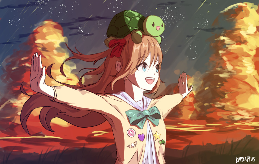 1girl :d animal_on_head badge blue_eyes bow bowtie brown_hair button_badge cardigan clouds cloudy_sky evening grass green_bow green_bowtie grey_sailor_collar hair_ribbon heart indie_virtual_youtuber kapxapius long_hair neuro-sama on_head open_mouth outstretched_arms red_ribbon ribbon sailor_collar shirt sidelocks sky smile spread_arms star_(sky) star_(symbol) sunset swarm_drone_(neuro-sama) teeth turtle two_side_up upper_body upper_teeth_only vedal987 virtual_youtuber white_shirt yellow_cardigan