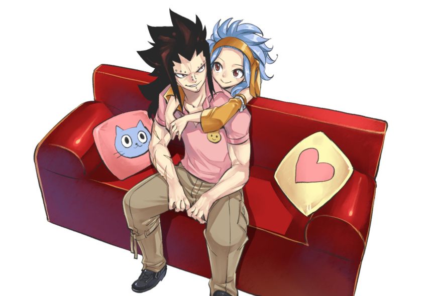 1boy 1girl black_footwear black_hair blue_hair brown_eyes brown_pants character_print chin_piercing closed_mouth couch cushion eyebrow_piercing fairy_tail gajeel_redfox headband heart heart_print highres hug hug_from_behind levy_mcgarden looking_at_another mashima_hiro nose_piercing official_art orange_headband pants parted_lips piercing pink_shirt scar scar_on_arm shirt short_sleeves simple_background sitting smile white_background