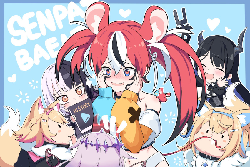 6+girls aged_down animal_ears animalization black_hair blonde_hair blue_background blush book cafelittle detached_sleeves dog fuwawa_abyssgard grey_hair hakos_baelz hakos_baelz_(1st_costume) hands_on_own_face heart heart-shaped_pupils highres holding holding_book hololive hololive_english horns koseki_bijou mococo_abyssgard mouse_ears mouse_girl mouse_tail mouth_hold mr._squeaks_(hakos_baelz) multicolored_hair multiple_girls nerissa_ravencroft redhead shiori_novella siblings sisters split-color_hair streaked_hair symbol-shaped_pupils tail tongue tongue_out twins twintails uneven_twintails virtual_youtuber white_hair
