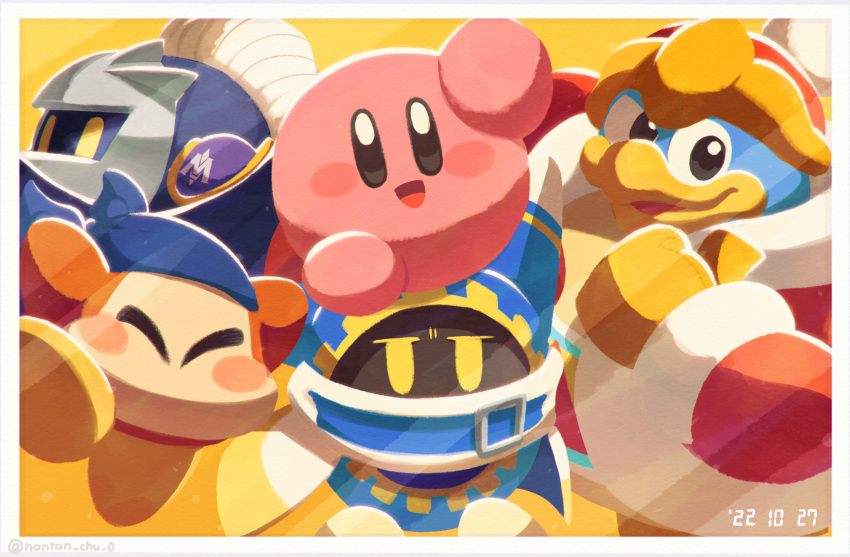 armor bandana bandana_waddle_dee blue_bandana blush_stickers closed_eyes colored_skin dated disembodied_limb gloves highres king_dedede kirby kirby's_return_to_dream_land kirby_(series) looking_at_viewer magolor mask meta_knight nantan_chu_0 pauldrons pink_skin pom_pom_(clothes) shoulder_armor smile solid_oval_eyes yellow_eyes