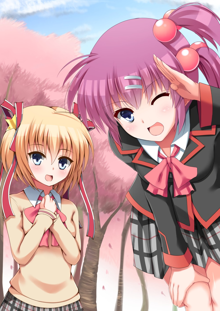 2girls :d absurdres aqua_eyes black_jacket blonde_hair blue_eyes blush bow comiket_83 cowboy_shot day grey_skirt hair_between_eyes hair_bobbles hair_ornament hair_ribbon hairclip highres jacket kamikita_komari leaning_forward leg_ribbon little_busters! long_sleeves looking_at_viewer miniskirt multiple_girls one_eye_closed one_side_up open_mouth outdoors own_hands_together pink_bow plaid plaid_skirt pleated_skirt purple_hair red_ribbon ribbon saigusa_haruka salute school_uniform short_hair skirt smile standing star_(symbol) star_hair_ornament sweater totto two_side_up yellow_sweater
