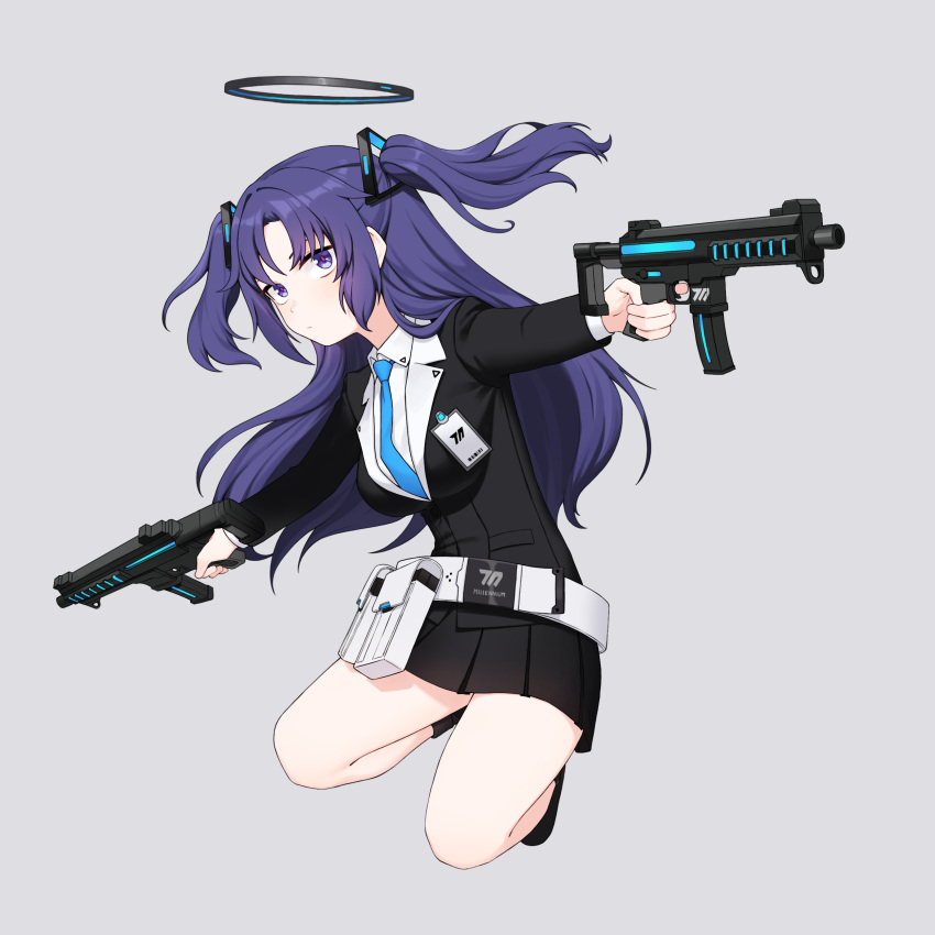 1girl absurdres artpatient blazer blue_archive blue_halo blue_necktie closed_mouth full_body grey_background gun halo highres holding holding_gun holding_weapon jacket long_hair looking_at_viewer necktie purple_hair shirt sig_mpx simple_background solo submachine_gun thighs violet_eyes weapon white_shirt yuuka_(blue_archive)