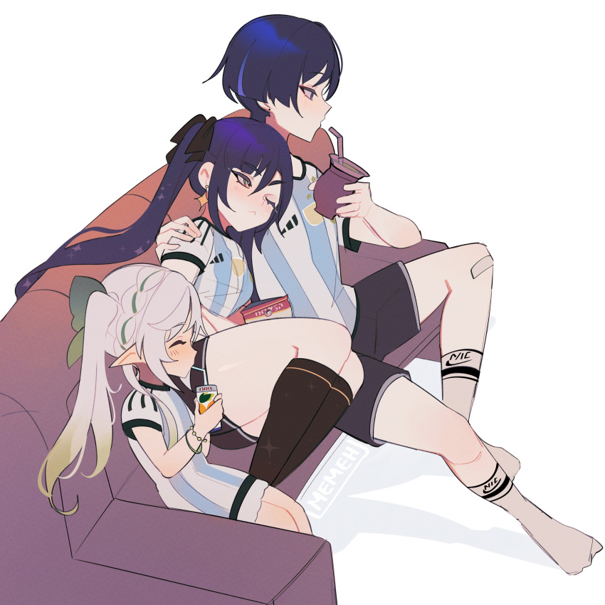1boy 2girls absurdres alternate_costume artist_name asymmetrical_bangs bandaid bandaid_on_knee bandaid_on_leg black_bow black_shorts black_socks blue_dress blue_hair blue_shirt blunt_ends blush bow bracelet braid breasts closed_eyes closed_mouth couch cup dark_blue_hair dress drink drinking drinking_straw earrings genshin_impact gradient_hair green_bow green_hair grey_hair grey_socks hair_between_eyes hair_bow hand_on_another's_shoulder hand_up hands_up hetero highres holding holding_cup jewelry juice kneehighs long_hair looking_at_another looking_to_the_side lying lying_on_person medium_breasts memeh mona_(genshin_impact) multicolored_hair multiple_girls nahida_(genshin_impact) no_headwear no_shoes on_side one_eye_closed open_mouth ponytail purple_hair purple_shorts scaramouche_(genshin_impact) shadow shirt short_hair short_sleeves shorts side_ponytail sidelocks simple_background sitting smile socks star_(symbol) star_earrings striped striped_dress striped_shirt t-shirt twintails two-tone_hair v-shaped_eyebrows violet_eyes white_background white_dress white_shirt