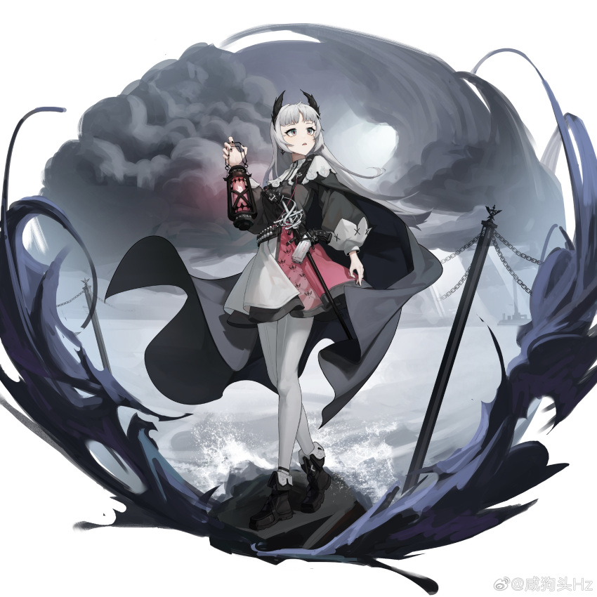 1girl absurdres ammunition_belt arknights artist_name black_cape black_dress black_footwear boots breasts cape chain clouds cloudy_sky dress earrings faux_figurine fence grey_eyes grey_hair grey_sky gun hand_up handgun head_wings highres holding holding_lantern irene_(arknights) jewelry lantern long_hair long_sleeves looking_up multicolored_clothes multicolored_dress open_mouth pantyhose pink_dress rock scabbard sheath sheathed sky small_breasts solo standing sword water waves weapon weibo_logo weibo_username white_background white_dress white_pantyhose wings xian_goutou_hz