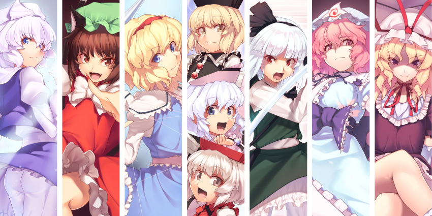 &gt;:) 6+girls :d absurdres alice_margatroid animal_ears arm_garter ass black_bow black_hairband black_headwear black_ribbon black_vest blonde_hair bloomers blue_bow blue_dress blue_eyes blue_headwear blue_ribbon blue_skirt blue_vest blunt_bangs bow bowtie brown_eyes brown_hair capelet cat_ears cat_tail center_frills chen choker column_lineup commentary_request cowboy_shot crossed_legs dress fangs feet_out_of_frame fingernails frilled_bow frilled_shirt_collar frills from_behind green_headwear green_skirt green_vest hair_ornament hair_ribbon hairband hand_up hat hat_ribbon head_tilt highres holding holding_sword holding_weapon juliet_sleeves kaiza_(rider000) katana konpaku_youmu letty_whiterock long_hair long_sleeves looking_back lunasa_prismriver lyrica_prismriver merlin_prismriver mob_cap multiple_girls nail_polish neck_ribbon open_mouth outstretched_arms pants perfect_cherry_blossom petticoat pink_bow pink_eyes pink_hair pink_headwear pink_ribbon puffy_short_sleeves puffy_sleeves puppet_strings purple_bow purple_dress purple_sash red_choker red_dress red_hairband red_headwear red_nails red_ribbon red_vest ribbon ribbon_choker ribbon_trim saigyouji_yuyuko sash sharp_fingernails shirt short_hair short_sleeves siblings sisters sitting skirt skirt_set smile sword tail touhou triangular_headpiece umbrella underwear v-shaped_eyebrows very_long_hair vest violet_eyes weapon white_bloomers white_bow white_bowtie white_capelet white_hair white_headwear white_pants white_shirt yakumo_yukari yellow_eyes