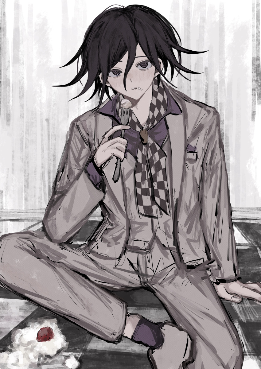 1boy absurdres arm_support black_hair blush checkered_floor checkered_necktie cream cream_on_face danganronpa_(series) danganronpa_10th_anniversary_costume danganronpa_v3:_killing_harmony flipped_hair food food_on_face fork grey_footwear grey_jacket grey_pants grey_vest highres holding holding_fork jacket long_sleeves looking_at_viewer necktie oma_kokichi open_clothes open_jacket pants pink_shirt shirt solo vest violet_eyes wa_noko