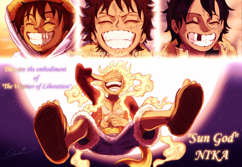 1boy alternate_form black_hair closed_eyes covering_own_eyes english_text fiery_hair full_body full_moon gear_fifth hat highres male_focus maria_(yoru_chii) monkey_d._luffy moon night night_sky one_piece open_mouth outdoors sandals scar scar_on_cheek scar_on_chest scar_on_face sky smile solo straw_hat teeth