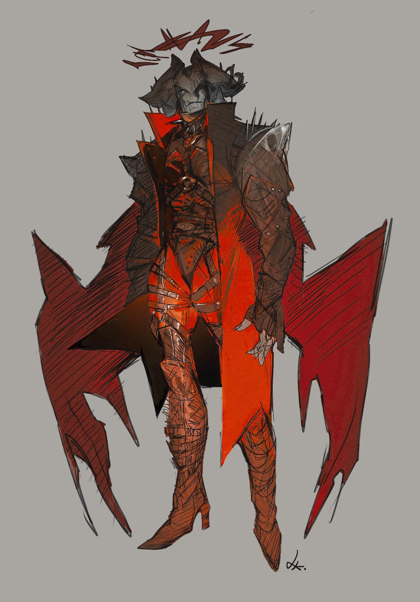 1boy aatrox boots closed_mouth full_body grey_background high_heel_boots high_heels highres league_of_legends looking_at_viewer male_focus pants red_wings signature solo standing wings xkov_(cerberuskeeper)