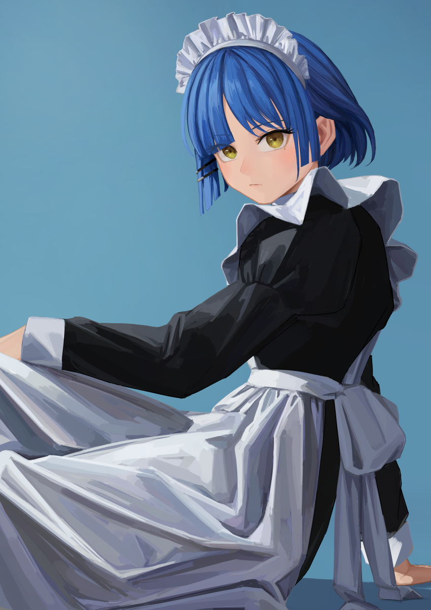 1girl :| absurdres alternate_costume apron arm_support black_dress blue_background blue_hair blush bob_cut bocchi_the_rock! closed_mouth dress enmaided expressionless feet_out_of_frame frills from_side hair_ornament hair_over_one_eye hairband hairclip hand_on_own_knee highres knee_up light_blush long_sleeves looking_at_viewer looking_to_the_side maid maid_apron maid_headdress mole mole_under_eye nemo_ringo on_ground puffy_sleeves shadow short_hair simple_background sitting solo white_apron white_hairband yamada_ryo yellow_eyes