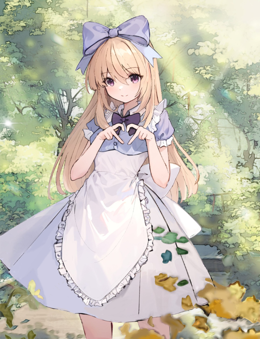 1girl absurdres alice_(black_souls) apron black_souls blonde_hair day dress forest highres long_hair looking_at_viewer nandou_zhen nature outdoors puffy_short_sleeves puffy_sleeves short_sleeves solo standing violet_eyes white_apron