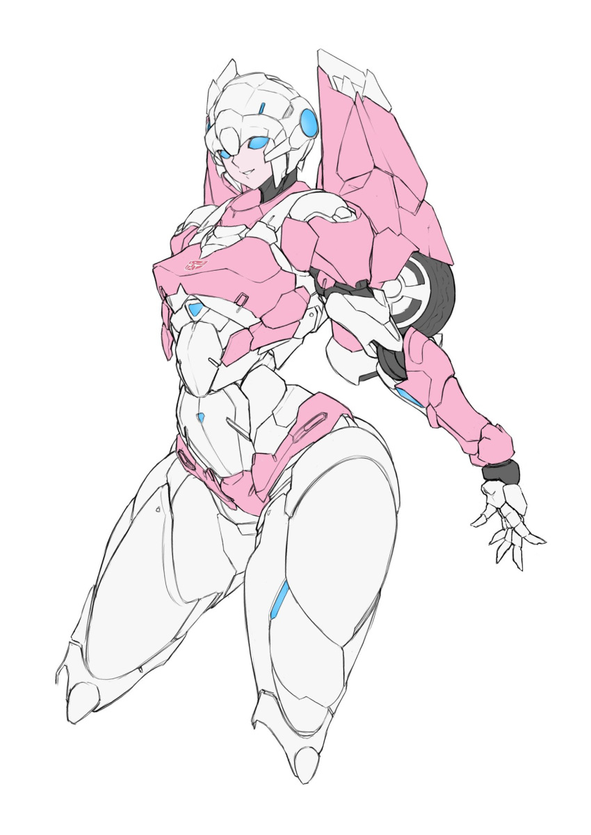1girl android arcee axelnekokitty backpack bag blue_eyes breasts curvy flame_toys flame_toys_arcee helmet highres humanoid_robot medium_breasts panties pink_panties robot science_fiction simple_background solo thick_thighs thighs transformers underwear white_background