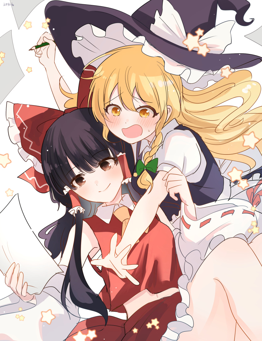 2girls absurdres armpit_peek bare_legs bare_shoulders black_hair blonde_hair blunt_bangs bow breasts brown_eyes brown_hair closed_mouth commentary_request detached_sleeves ekisutora feet_out_of_frame frilled_bow frilled_hair_tubes frills hair_bow hair_tubes hakurei_reimu hands_up hat highres holding holding_paper holding_pencil kirisame_marisa knees_up legs_together light_blush long_hair long_sleeves medium_breasts midriff multiple_girls open_mouth paper pencil reaching red_bow red_skirt red_vest simple_background skirt skirt_set smile star_(symbol) touhou very_long_hair vest white_background wide_sleeves witch_hat yellow_eyes