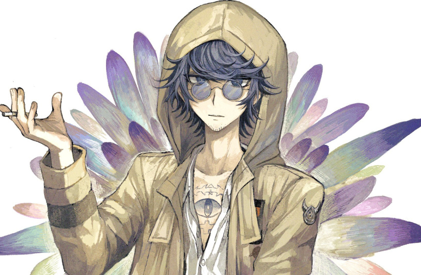 1boy blue-tinted_eyewear blue_eyes blue_hair brown_coat chest_tattoo cigarette coat collared_shirt commentary_request facial_hair glasses hand_up hashi_(84_rainco) highres holding holding_cigarette hood hood_up long_sleeves looking_at_viewer male_focus master_detective_archives:_rain_code partially_unbuttoned round_eyewear shirt short_hair solo stubble tattoo tinted_eyewear upper_body white_shirt yakou_furio