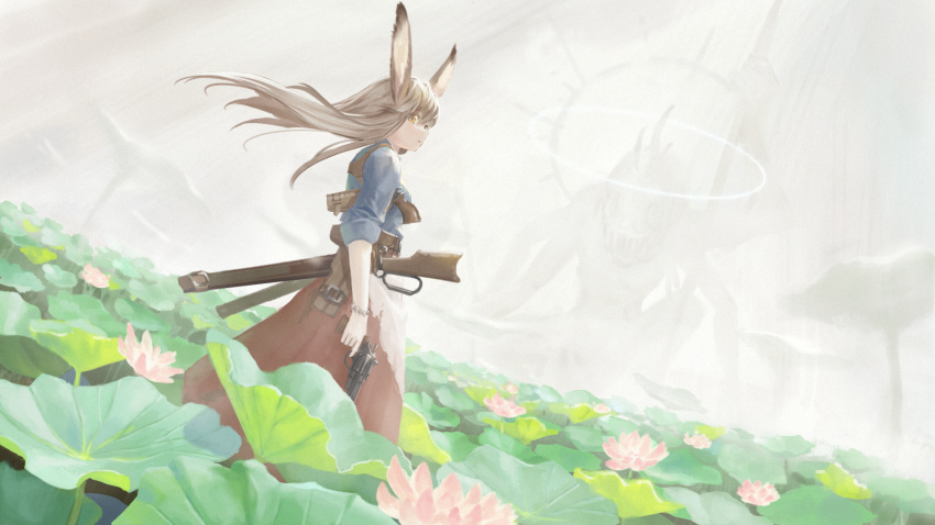 1girl animal_ears apron blue_shirt bracelet breasts brown_eyes brown_hair commentary_request day dutch_angle field finger_on_trigger floating_hair flower flower_field from_side giant gun halo handgun highres holding holding_gun holding_weapon holster holstered jewelry long_hair looking_to_the_side lotus lotus_leaf monster nature original pink_flower rabbit_ears rabbit_girl red_skirt rifle shirt shoulder_holster size_difference skirt sleeves_rolled_up solo_focus standing suzuke torn_apron torn_clothes waist_apron weapon white_apron