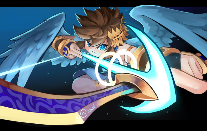 1boy alternate_color angel angel_wings armlet arrow_(projectile) blue_eyes bow_(weapon) brown_hair commission highres holding holding_bow_(weapon) holding_weapon kid_icarus kid_icarus_uprising laurel_crown letterboxed looking_at_viewer male_focus pit_(kid_icarus) scarvii solo super_smash_bros. weapon wings