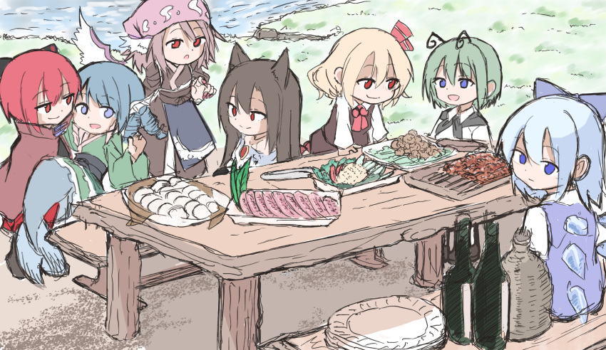 6+girls :/ :d :o animal_ears antennae apron ascot bird_ears bird_wings black_skirt black_vest blonde_hair blue_eyes blue_hair bottle bow brooch brown_hair carrying cirno detached_wings dot_nose fins food full_body grass grass_root_youkai_network green_hair hair_between_eyes hair_bow head_fins head_scarf highres ice ice_wings imaizumi_kagerou jewelry light_brown_hair light_smile looking_at_another looking_at_viewer mermaid misty_lake monster_girl multiple_girls mystia_lorelei okamisty outdoors picnic plate princess_carry red_ascot red_bow red_eyes redhead rumia sekibanki shinmon_akika short_hair sitting_on_bench sketch skirt skirt_set smile touhou vest waist_apron wakasagihime wine_bottle wings wolf_ears wriggle_nightbug