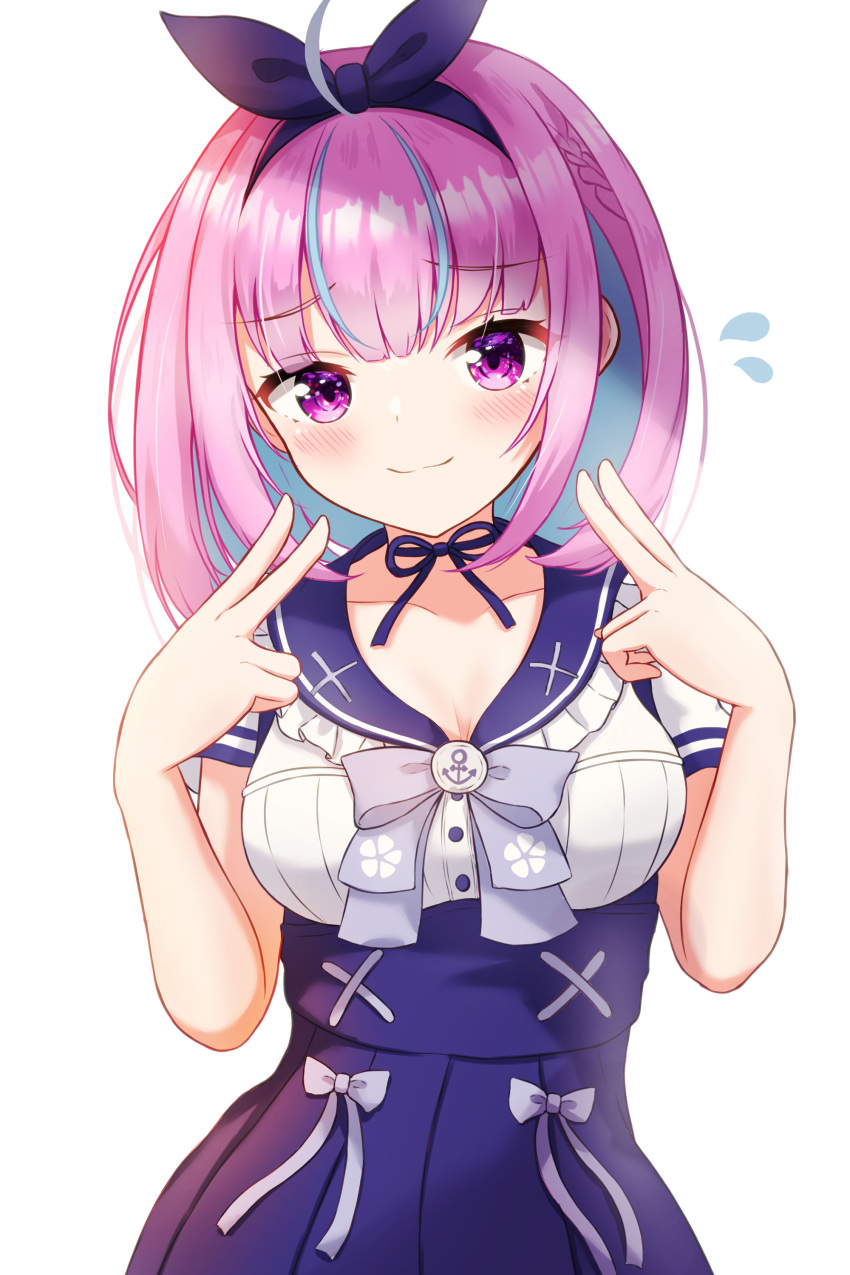 1girl absurdres ahoge anchor_symbol blue_bow blue_bowtie blue_choker blue_hair blue_ribbon blue_sailor_collar blue_skirt blunt_bangs blush bob_cut bow bowtie breasts buttons choker closed_mouth collarbone colored_inner_hair double_v flying_sweatdrops hair_ribbon high-waist_skirt highres hololive large_breasts looking_at_viewer medium_hair minato_aqua minato_aqua_(5th_costume) multicolored_hair pleated_skirt purple_hair ribbon ribbon_choker rinkaa_(lovelive765pro2) sailor_collar sailor_shirt shirt short_sleeves simple_background skirt smile solo streaked_hair upper_body v violet_eyes virtual_youtuber white_background white_shirt