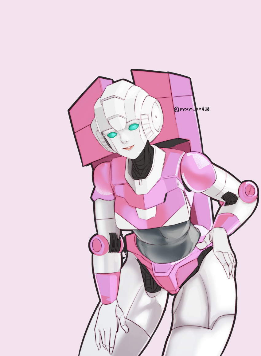 1girl android arcee backpack bag blue_eyes breasts curvy hand_on_own_hip helmet highres humanoid_robot looking_at_viewer mono_poll38 panties pink_lips pink_panties robot science_fiction simple_background thighs transformers underwear white_background