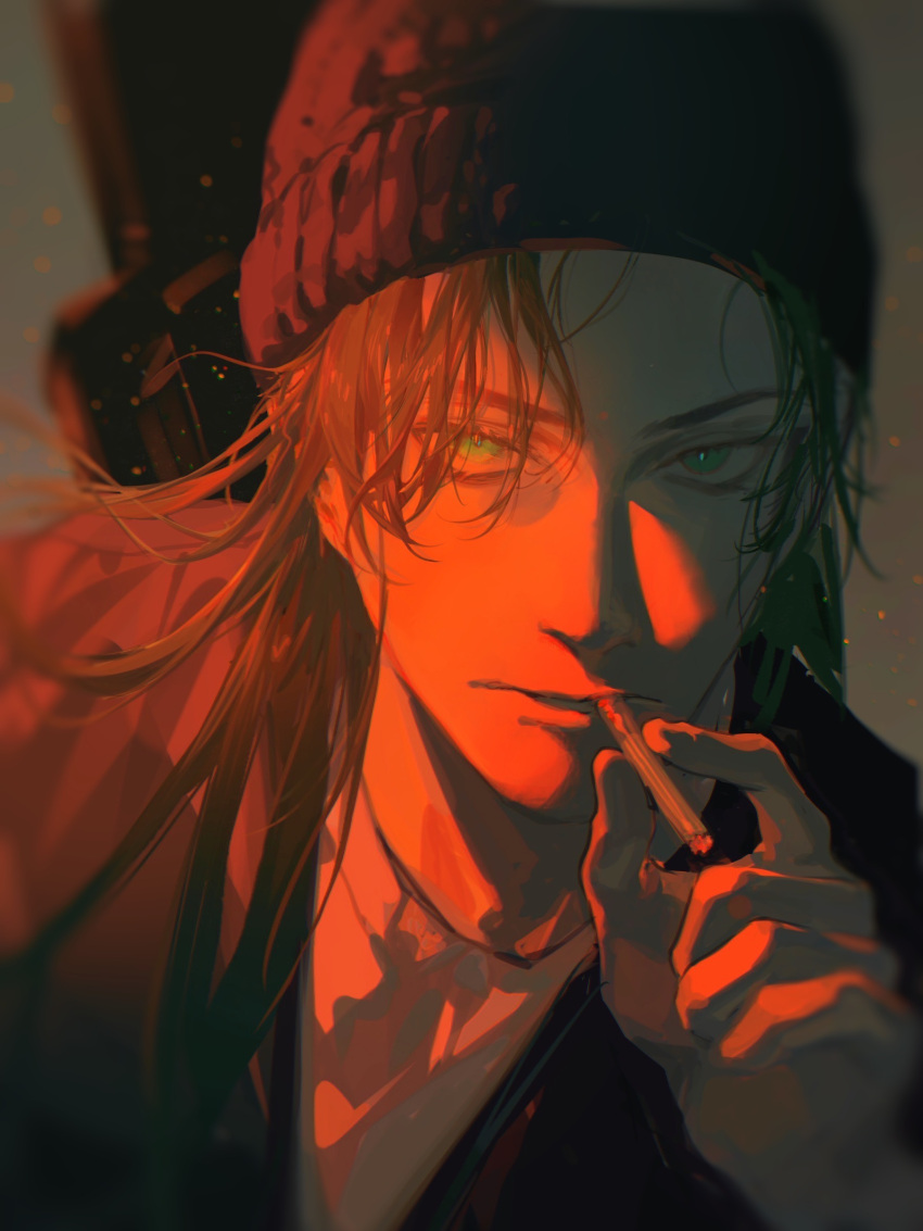 1boy absurdres akai_shuuichi beanie black_headwear black_jacket bright_pupils brown_hair cigarette cmpovar commentary green_eyes grey_background gun hair_over_one_eye hand_up hat highres holding holding_cigarette jacket light_particles long_hair looking_at_viewer male_focus meitantei_conan mouth_hold parted_bangs portrait sidelighting solo weapon weapon_on_back