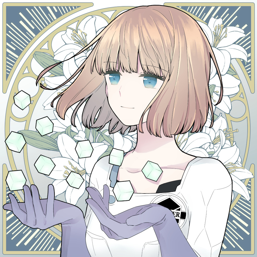 1girl blue_eyes blunt_bangs bob_cut border breasts brown_hair cube floating floating_object floral_background flower gloves hands_up highres lily_(flower) looking_ahead nasu_rei nasu_squad's_uniform purple_gloves seto_taichi short_hair small_breasts smile solo uniform upper_body white_flower world_trigger