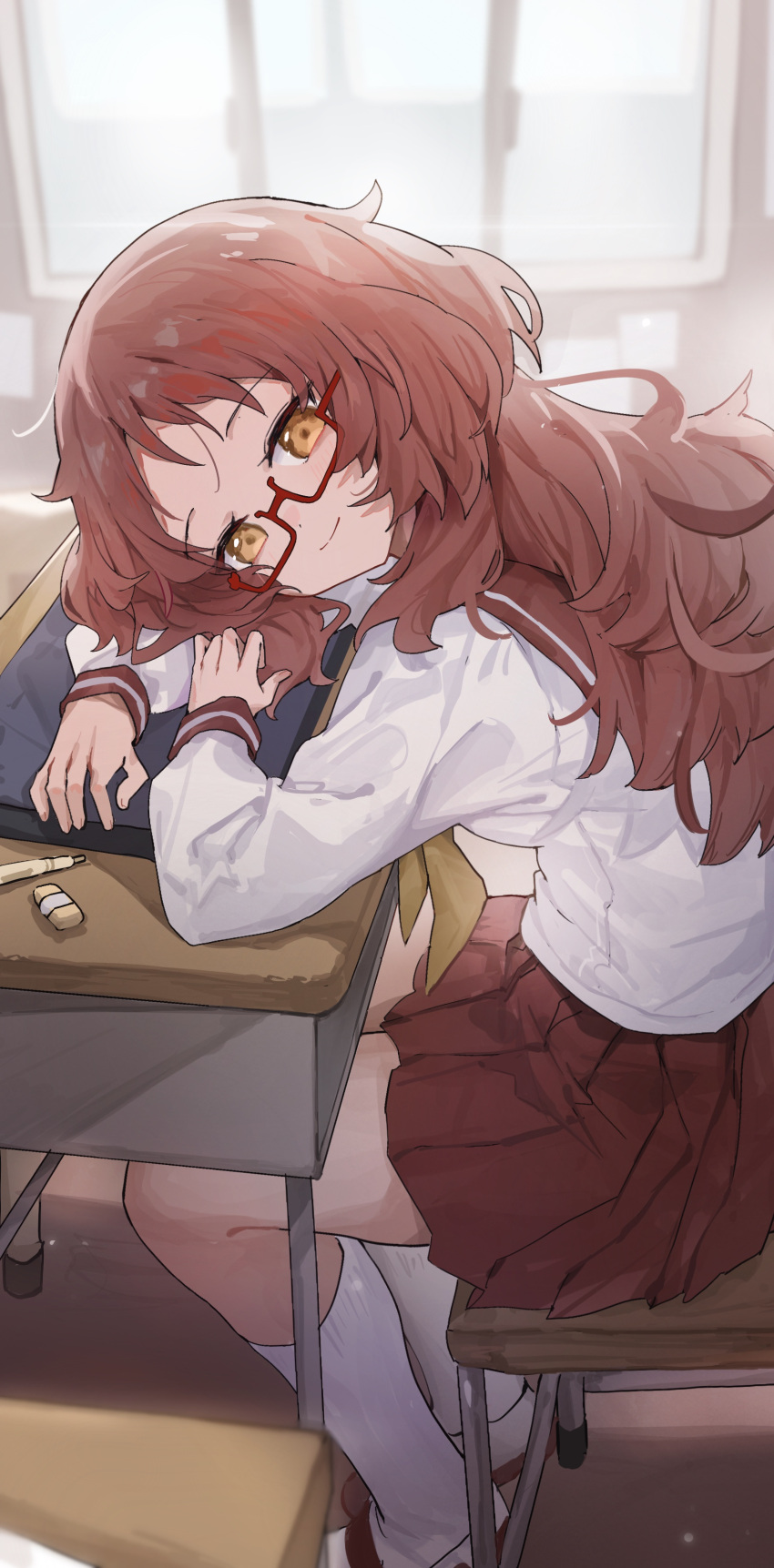 1girl absurdres chair classroom closed_mouth commentary_request desk full_body glasses highres indoors loafers long_hair long_sleeves looking_at_viewer mie_ai on_chair orange_eyes pleated_skirt red-framed_eyewear red_sailor_collar red_skirt redhead sailor_collar school_chair school_desk school_uniform semi-rimless_eyewear sentter serafuku shirt shirt_tucked_in shoes sitting skirt smile socks solo sukinako_ga_megane_wo_wasureta under-rim_eyewear uniform white_shirt white_socks window