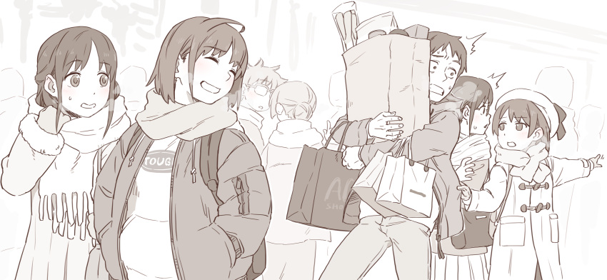 2boys 4girls :o bag carrying character_request clothes_tug coat crowd ebinera fukumori_daichi glasses gloves greyscale grin hands_in_pockets hat highres imouto_ni_kiite_minaito medium_hair monochrome multiple_boys multiple_girls pants pocket pointing scarf shopping shopping_bag smile sweatdrop