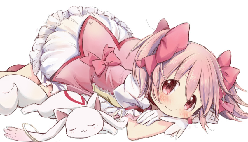 1girl absurdres blush bow bubble_skirt dress frilled_socks frills gloves hair_bow highres hitode kaname_madoka kyubey magical_girl mahou_shoujo_madoka_magica official_style petticoat pink_bow pink_dress pink_eyes pink_hair puffy_short_sleeves puffy_sleeves short_hair short_sleeves skirt sleeping smile socks solo twintails white_gloves
