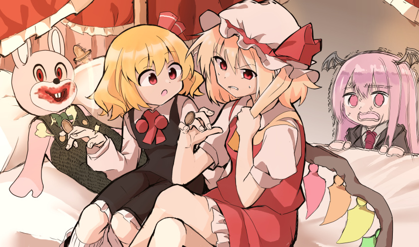 3girls :o angry ascot bat_wings bed between_fingers biting black_dress black_jacket blonde_hair blood blood_on_face bow canopy_bed coin coin_flip collared_shirt cowboy_shot dot_nose dress dress_shirt flandre_scarlet frilled_skirt frills grey_background hair_between_eyes hair_bow hat hat_bow head_wings hiding highres holding holding_coin jacket koakuma lip_biting looking_at_another mob_cap multiple_girls necktie on_bed pillow pinafore_dress pulling_own_hair red_ascot red_bow red_eyes red_necktie red_skirt red_vest redhead rumia scared shinmon_akika shirt short_hair side_ponytail sidelocks simple_background sitting skirt skirt_set sleeveless sleeveless_dress socks stuffed_animal stuffed_rabbit stuffed_toy sweat touhou trembling v-shaped_eyebrows vest wavy_mouth white_shirt white_socks wing_collar wings yellow_ascot