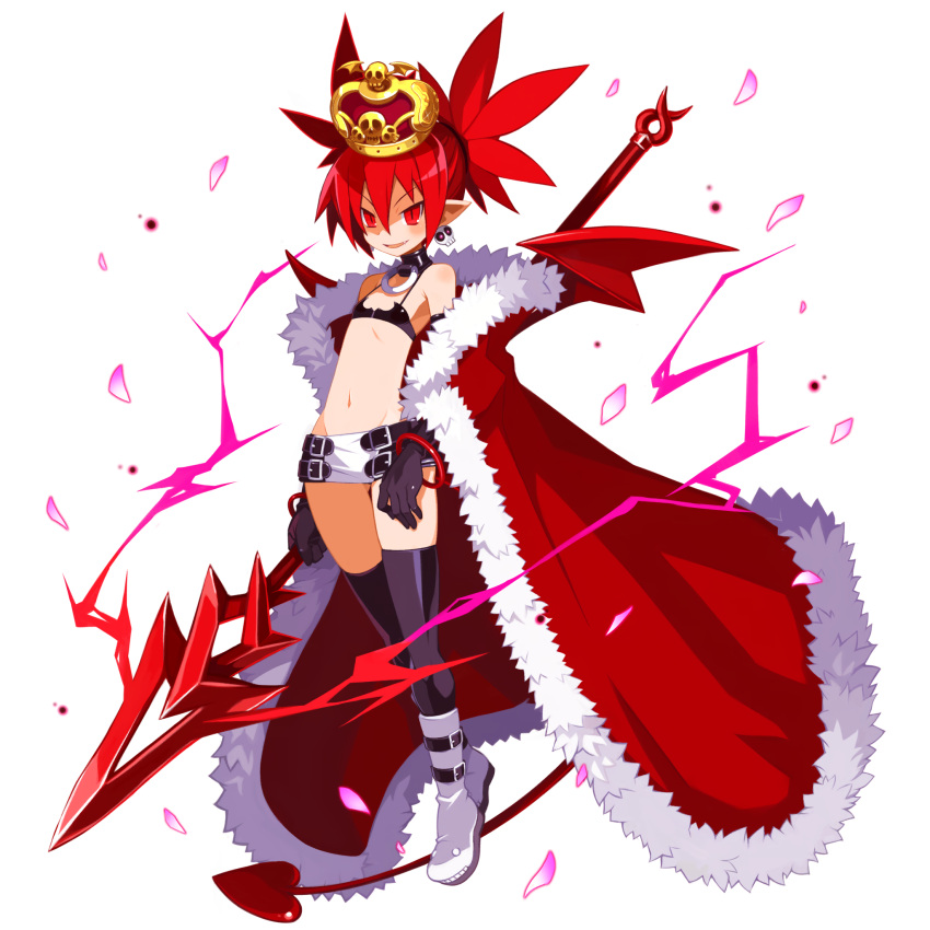 1girl black_gloves boots bracelet choker crown demon_girl demon_tail demon_wings disgaea disgaea_rpg earrings elbow_gloves etna_(disgaea) fang flat_chest full_body gloves highres holding holding_polearm holding_weapon jewelry long_tail navel official_art open_mouth photoshop_(medium) pointy_ears polearm red_eyes red_tail red_wings redhead robe skirt skull_earrings slit_pupils solo tail thigh-highs transparent_background twintails weapon wings