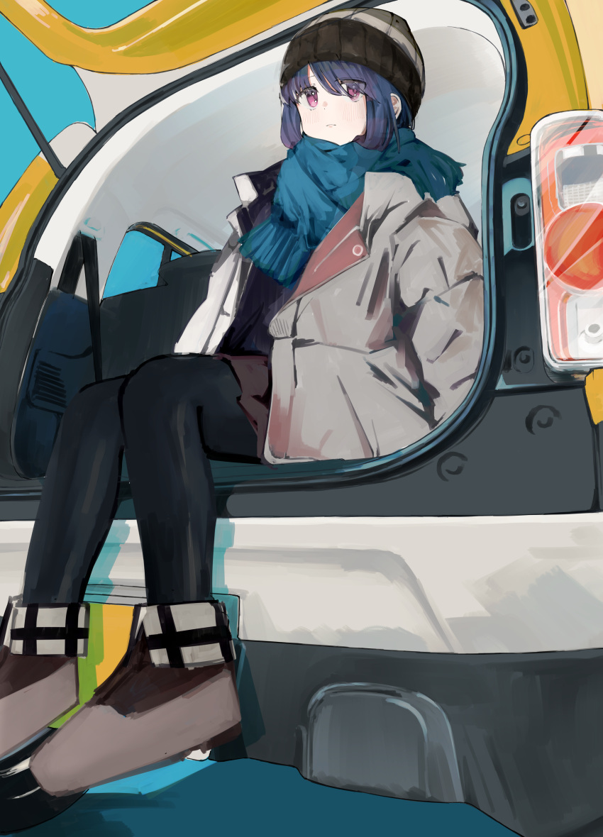1girl absurdres beanie black_headwear black_pantyhose blue_hair blue_scarf blush closed_mouth coat fringe_trim grey_coat hat highres leadin_the_sky long_sleeves open_clothes open_coat pantyhose scarf shima_rin short_hair sitting solo violet_eyes yurucamp