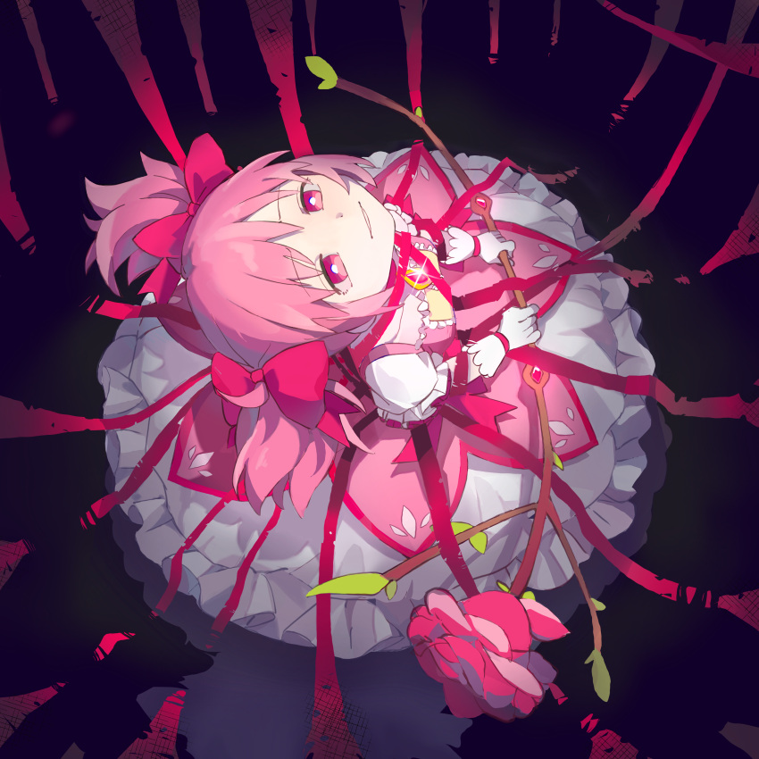 1girl absurdres bow bow_(weapon) bright_pupils bubble_skirt chinese_commentary commentary_request doudoudido dress empty_eyes flower foreshortening frilled_dress frilled_skirt frills from_above full_body glint gloves hair_bow highres holding holding_bow_(weapon) holding_weapon kaname_madoka leaning_back looking_up magical_girl mahou_shoujo_madoka_magica mahou_shoujo_madoka_magica_(anime) parted_lips pink_dress pink_eyes pink_flower pink_hair pink_rose puffy_short_sleeves puffy_sleeves rose short_hair short_sleeves short_twintails skirt solo standing twintails weapon white_gloves white_pupils white_skirt