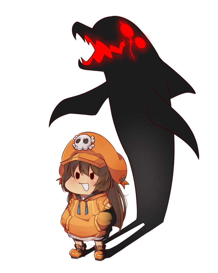 1girl absurdres brown_hair cabbie_hat chibi different_shadow guilty_gear guilty_gear_strive hands_in_pockets hat highres hood hoodie long_hair may_(guilty_gear) mil17459623 mr._dolphin_(guilty_gear) orange_headwear orange_hoodie shadow white_background