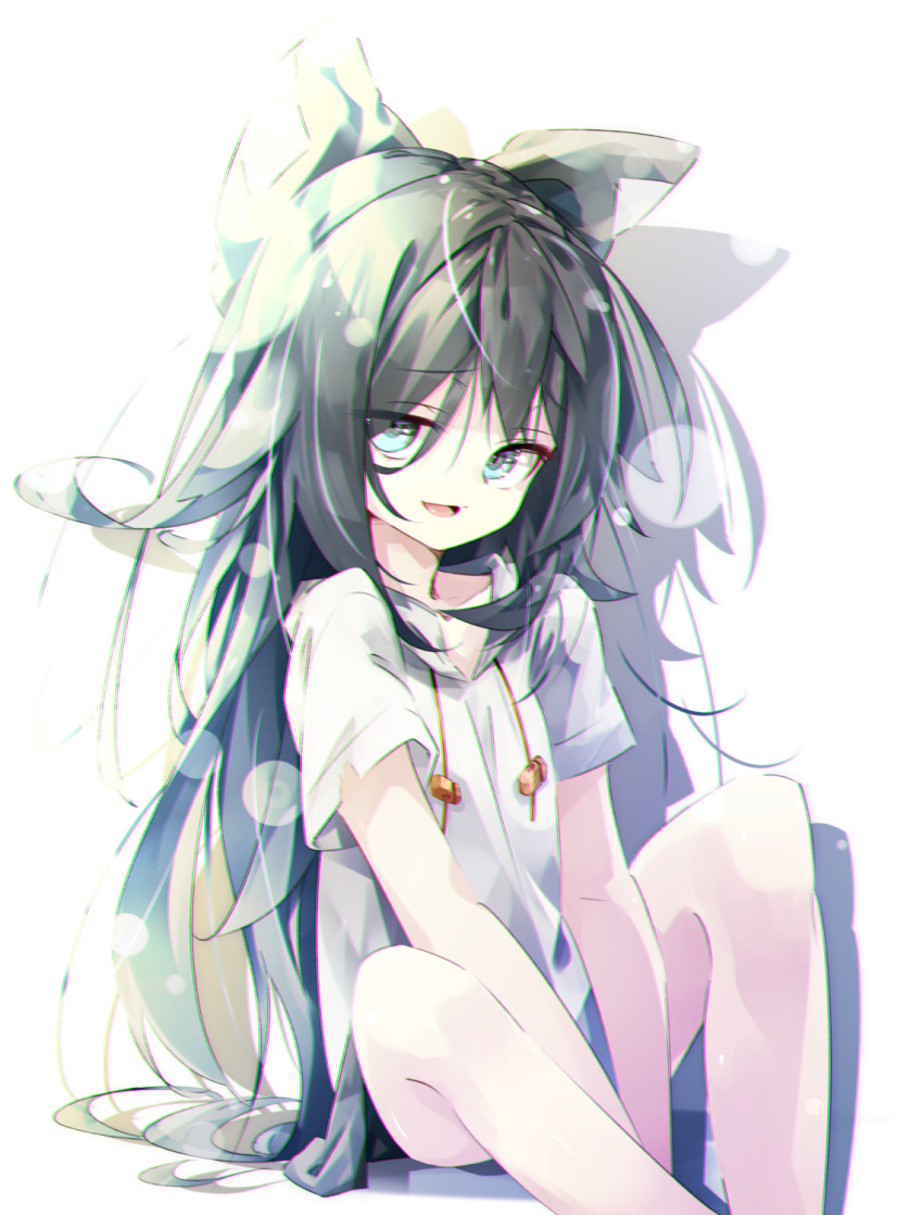 1girl arms_between_legs bare_arms bare_legs black_hair blue_eyes bow gorilla_(bun0615) green_hair hair_bow half-closed_eyes highres lens_flare long_hair looking_at_viewer open_mouth shadow short_sleeves sitting solo torn_clothes touhou v_arms very_long_hair white_background yorigami_shion